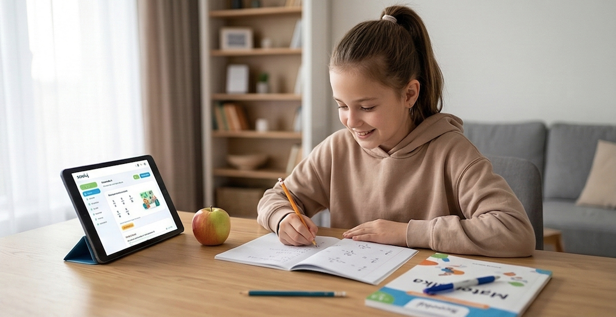 Žák 5. třídy se soustředěně připravuje na přijímací zkoušky z matematiky online na platformě Scooluj.