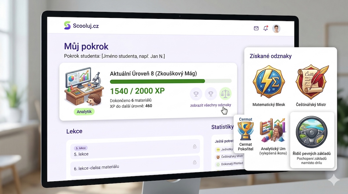 Gamifikace ve vzdělávání - systém XP bodů a odznaků v přípravném kurzu Scooluj.